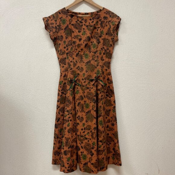 Vtg Modern Classic 60s Cheetah Floral Brown & Green Mid Century MCM Rockabilly - Picture 1 of 9